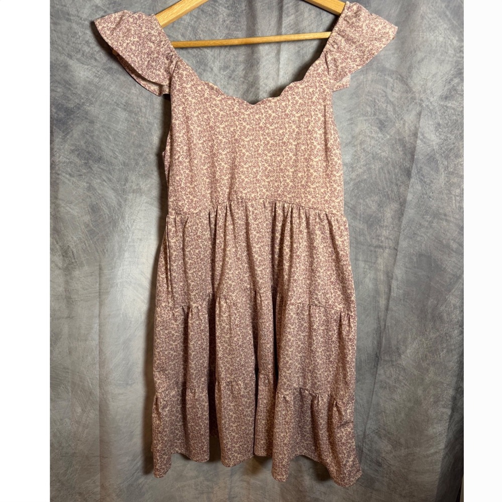 Dusty floral ruffle sleeve tiered mini dress, sweet cottagecore romantic Size M